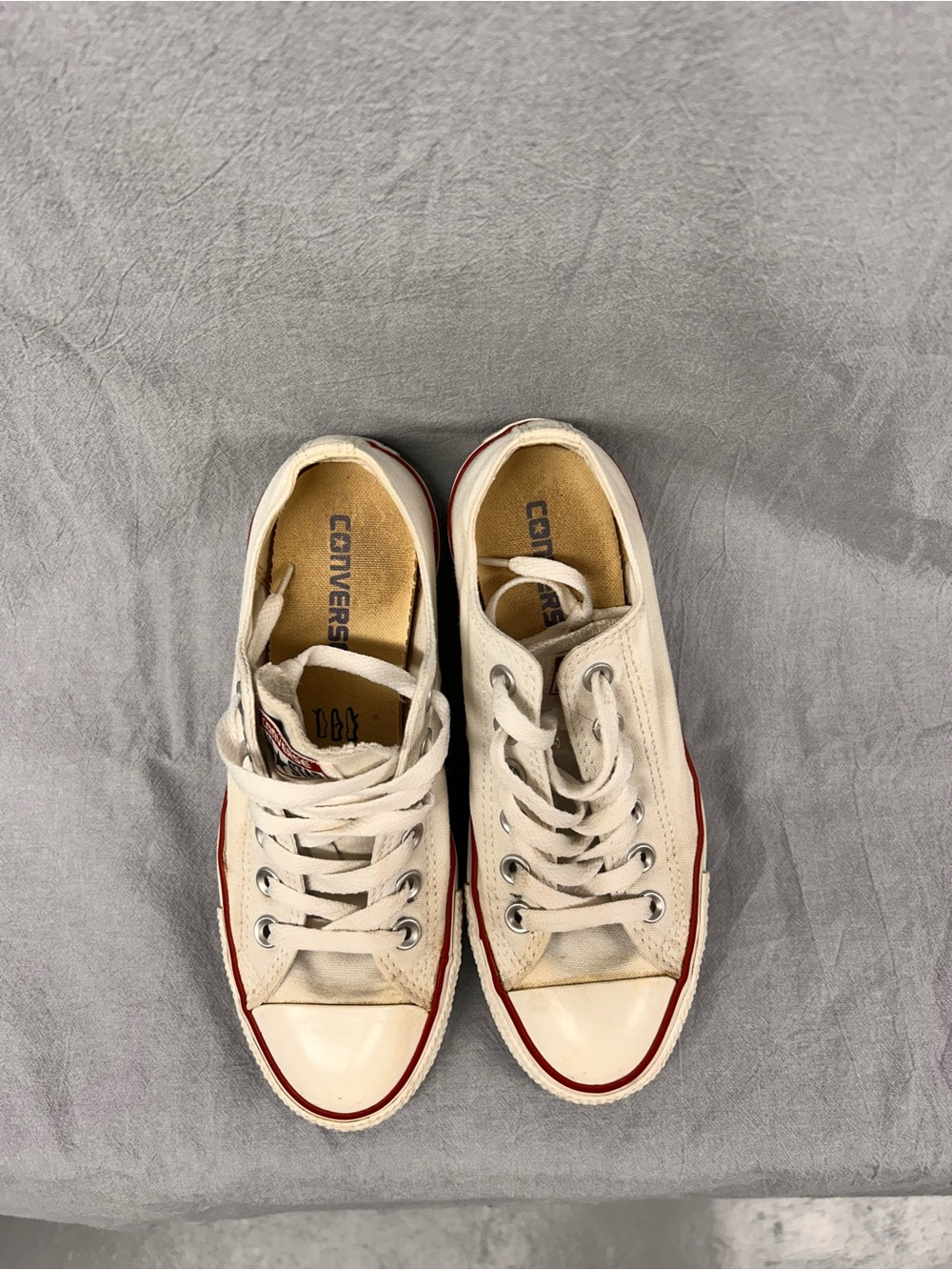 Converse Women White Low-Top Canvas Sneakers with Red Stripe - Picture 2 of 9